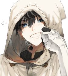 Rule 34 | 1boy, arm armor, armor, black hair, blue eyes, blush, charlemagne (fate), cloak, commentary request, fate/extella, fate/extella link, fate/extra, fate/grand order, fate (series), hair between eyes, highres, hood, hooded cloak, looking at viewer, male focus, multicolored hair, short hair, simple background, smile, solo, teeth, two-tone hair, ugokanaip, white background, white hair