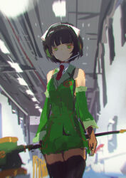 Rule 34 | 1girl, absurdres, arms at sides, backlighting, bare shoulders, black hair, black thighhighs, blurry, blurry background, closed mouth, collared shirt, commentary request, cowboy shot, detached sleeves, expressionless, green eyes, green skirt, green sleeves, headset, highres, holding, holding staff, indoors, jacket, kabuyama kaigi, kyoumachi seika, looking at viewer, miniskirt, necktie, pencil skirt, red necktie, shirt, short hair, skirt, sleeveless, sleeveless jacket, solo, staff, suit jacket, thighhighs, voiceroid, warehouse, zettai ryouiki