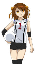 Rule 34 | 00s, 1girl, ball, breasts, brown hair, elbow pads, eyebrows, hand on own hip, lowres, shiikeru, short hair, simple background, solo, suzumiya haruhi, suzumiya haruhi no yuuutsu, volleyball, volleyball (object), white background, yellow eyes