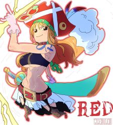 Rule 34 | 1girl, belt, breasts, choker, electricity, gloves, hat, large breasts, long hair, midriff, nami (one piece), one piece, one piece film: red, orange eyes, orange hair, pirate, pirate hat, skirt, solo, sword, taku (aywakutakuay), tattoo, thighhighs, underboob, weapon