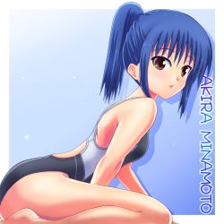 Rule 34 | 1girl, blue hair, brown eyes, competition swimsuit, highres, one-piece swimsuit, original, short hair, solo, swimsuit, tennouji masamichi