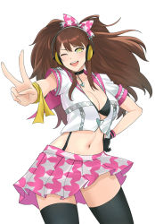 Rule 34 | 1girl, atlus, black bra, blush, bra, breasts, brown hair, cleavage, gloves, hand on own hip, headphones, highres, kujikawa rise, large breasts, legs, midriff, navel, one eye closed, open mouth, persona, persona 4, persona 4: dancing all night, persona dancing, skirt, smile, solo, suspenders, thighs, twintails, underwear, v, wink, yellow eyes