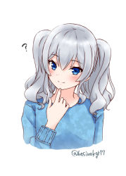 Rule 34 | 1girl, ?, alternate costume, bad id, bad pixiv id, blue eyes, blue sweater, camouflage, headgear, hoshino kagari, kantai collection, kashima (kancolle), long hair, long sleeves, looking at viewer, no headwear, pointing, silver hair, simple background, smile, solo, sweater, tsurime, twintails, twitter username, upper body, wavy hair, white background