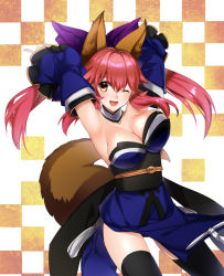 Rule 34 | 10s, 1girl, ;d, animal ears, armpits, arms up, bare shoulders, black thighhighs, blush, breasts, cleavage, detached collar, detached sleeves, fate/extra, fate (series), female focus, fox ears, fox tail, hair ribbon, japanese clothes, large breasts, legs, long hair, looking at viewer, one eye closed, open mouth, pink hair, ribbon, smile, solo, strapless, tail, tamamo (fate), tamamo no mae (fate/extra), thighhighs, unaligned breasts, ycco (estrella), yellow eyes