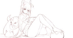 Rule 34 | 1girl, ahoge, bare legs, barefoot, closed mouth, handheld game console, highres, holding, horns, long hair, long sleeves, looking at viewer, nekojira, original, pillow, pointy ears, simple background, sleeves past wrists, solo, sweater, toes, white background