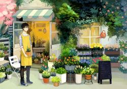Rule 34 | 1boy, apron, bad id, bad pixiv id, brown eyes, brown hair, building, chalkboard, day, florist, flower, flower pot, full body, holding, holding flower pot, holding pot, leaf, looking at viewer, male focus, original, outdoors, plant, pot, scenery, seuga, shop, sign, solo, standing, watering can, wide shot