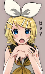 Rule 34 | 1girl, :o, absurdres, ascot, blonde hair, blue eyes, blush, bow, elbow rest, eyebrows hidden by hair, grey background, hair ornament, hair tie, hairclip, highres, kagamine rin, looking at viewer, nishikino kee, open mouth, own hands together, sailor collar, shirt, short hair, sidelocks, simple background, sitting, sleeveless, solo, swept bangs, tareme, tattoo, translated, upper body, vocaloid, white bow, white shirt