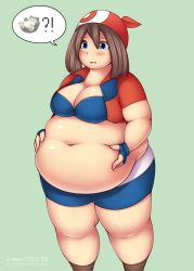 Rule 34 | 1girl, belly, belly grab, blue eyes, blush, bra, breasts, brown hair, creatures (company), fat, female focus, game freak, gen 1 pokemon, gloves, hat, highres, iveo, large breasts, may (pokemon), navel, nintendo, obese, pokemon, pokemon (creature), shorts, snorlax, solo, thick thighs, thighs, underwear, weight conscious