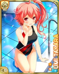 Rule 34 | 1girl, black one-piece swimsuit, card, character name, competition swimsuit, girlfriend (kari), hair ornament, hand on own face, indoor pool, indoors, kneeling, official art, one-piece swimsuit, open mouth, pink eyes, pink hair, pool, qp:flapper, side ponytail, solo, swimsuit, tagme, takara umi