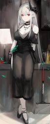 Rule 34 | 1girl, absurdres, arknights, bare shoulders, black choker, black dress, black footwear, black gloves, bottle, breasts, choker, cleavage, closed mouth, cup, desk lamp, detached sleeves, dress, drinking glass, earrings, expressionless, flower, full body, gloves, gnai, green flower, grey hair, hammer, high heels, highres, horns, indoors, jewelry, lamp, large breasts, long hair, looking at viewer, mudrock (arknights), mudrock (obsidian) (arknights), necklace, official alternate costume, petals, pointy ears, red eyes, short sleeves, solo, standing, very long hair