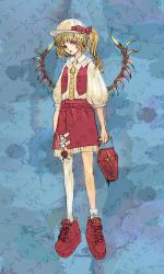 Rule 34 | 1girl, adapted costume, alternate costume, alternate wings, asymmetrical legwear, bag, baseball cap, belt, blonde hair, bow, buttons, character name, coffin, collared shirt, commentary, cross-laced footwear, flandre scarlet, frilled shirt collar, frilled skirt, frills, full body, handbag, hat, hat bow, head tilt, holding, holding bag, long hair, looking at viewer, nazo (mystery), one side up, open clothes, open vest, puffy sleeves, red bow, red eyes, red footwear, red skirt, red vest, shirt, shoes, skirt, sneakers, socks, solo, symbol-only commentary, touhou, twitter username, vest, white hat, white shirt, white socks, wings