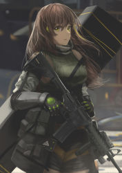 Rule 34 | 1girl, absurdres, arm strap, armor, assault rifle, asymmetrical legwear, bandana, blurry, blurry background, brown eyes, brown hair, case, closed mouth, commentary, cowboy shot, detached sleeves, elbow pads, faiz azhar, gauntlets, girls&#039; frontline, gloves, gun, hair between eyes, headset, highres, holding, holding gun, holding weapon, long hair, looking at viewer, m4 carbine, m4a1 (girls&#039; frontline), m4a1 (mod3) (girls&#039; frontline), magazine (weapon), mod3 (girls&#039; frontline), multicolored hair, pouch, ribbed legwear, ribbed sweater, rifle, scope, sidelocks, signature, skindentation, solo, strap, streaked hair, sweater, sweater vest, thigh strap, trigger discipline, uneven legwear, weapon, weapon case, white background, wind, wind lift