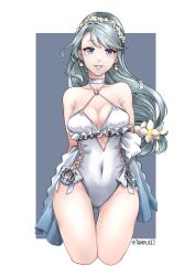 Rule 34 | 1girl, anchor, breasts, casual one-piece swimsuit, choker, cowboy shot, earrings, flower, frilled swimsuit, frills, grey background, grey hair, hair flower, hair ornament, hairband, highres, jewelry, kantai collection, kazaharu matsuhata, long hair, official alternate costume, one-piece swimsuit, purple eyes, sagiri (kancolle), shawl, small breasts, smile, solo, swimsuit, twitter username, two-tone background, white background, white choker, white one-piece swimsuit