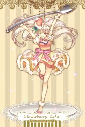 Rule 34 | 1girl, ;d, arms up, blush, border, bow, bowtie, breasts, cleavage, doily, dress, english text, full body, gloves, grey hair, hair ornament, highres, lace, lace border, light particles, long hair, one eye closed, open mouth, original, ornate border, personification, puffy sleeves, red eyes, saucer, shoes, smile, solo, spoon, standing, standing on one leg, striped, striped background, syrinxwell311, vertical stripes, very long hair, white gloves