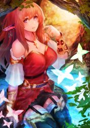 Rule 34 | 1girl, bare shoulders, breasts, bug, butterfly, ear covers, elf, highres, bug, jewelry, large breasts, long hair, looking at viewer, lots of jewelry, necklace, original, pink eyes, pointy ears, red hair, solo, yaoya musuko