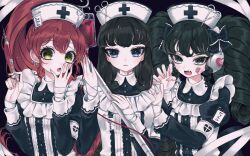 Rule 34 | 3girls, ao (ao0 0nemu), armband, bad id, bad twitter id, bandaged hand, bandages, black hair, blue eyes, bow, brown hair, claw pose, commentary request, covering own mouth, fang, gaaruru (pripara), gothic lolita, hair bow, hand over own mouth, hands up, hat, headphones, highres, holding, holding syringe, intravenous drip, juliet sleeves, kurosu aroma, lolita fashion, long hair, long sleeves, looking at viewer, multiple girls, nurse cap, open mouth, ponytail, pretty series, pripara, puffy sleeves, red hair, scissors, shiratama mikan, sidelocks, syringe, twintails, yellow eyes