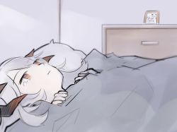 Rule 34 | 1girl, 500 dollar four foot tall mareep (meme), arknights, commentary, crying, crying with eyes open, daiishori, dragon horns, drawer, english commentary, female focus, grey hair, horns, indoors, long hair, lying, meme, on back, orange eyes, picture frame, pillow, saria (arknights), solo, tears, under covers