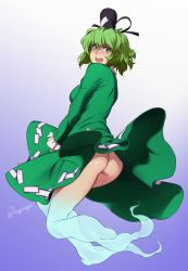 Rule 34 | 1girl, :d, ass, blush, breasts, dress, feguimel, green dress, green eyes, green hair, hat, looking at viewer, looking back, medium breasts, open mouth, short hair, smile, soga no tojiko, solo, teeth, touhou