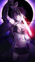 Rule 34 | 1girl, absurdres, acheron (honkai: star rail), arm up, armpits, breasts, choker, cleavage, commentary, cowboy shot, highres, holding, holding sword, holding weapon, honkai: star rail, honkai (series), huybu51, katana, long hair, looking at viewer, medium breasts, midriff, navel, purple eyes, purple hair, short shorts, shorts, solo, standing, stomach, sword, thighs, very long hair, weapon