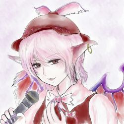 Rule 34 | 1girl, animal ears, bad id, bad pixiv id, earrings, eyelashes, face, female focus, fingernails, gogono, hand on another&#039;s chest, hand on own chest, jewelry, lips, long fingernails, microphone, music, mystia lorelei, pink hair, short hair, singing, solo, touhou, wings