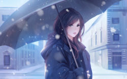 Rule 34 | 1girl, blush, brown eyes, brown hair, building, chaosringen, chromatic aberration, coat, commentary request, highres, holding, light smile, lips, long hair, long sleeves, looking at viewer, matching hair/eyes, original, outdoors, perspective, road, sidewalk, snowing, solo, street, text focus, translation request, umbrella, upper body