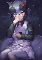 Rule 34 | 1girl, animal ear fluff, animal ears, black hair, black shirt, breast pocket, character request, commentary request, covering own mouth, glasses, green eyes, grey hair, grey pantyhose, hair ornament, hand over own mouth, highres, japari symbol, juliet sleeves, kemono friends, leaf hair ornament, light smile, long sleeves, looking at viewer, multicolored hair, necktie, pantyhose, pen, pince-nez, pocket, puffy sleeves, round eyewear, shirt, short hair, sitting, skirt, solo, tablet pc, tadano magu, tail, two-tone hair, vest, white necktie, white skirt, white vest