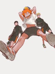 Rule 34 | 3boys, 830 (hamio), ball, black hair, black jacket, black shorts, blonde hair, closed eyes, from below, glasses, haikyuu!!, hands in pockets, highres, hinata shouyou, holding, holding ball, jacket, kageyama tobio, knee pads, male focus, midriff peek, multiple boys, navel, orange hair, playing sports, shoes, shorts, simple background, smile, sneakers, sportswear, tsukishima kei, volleyball, volleyball (object), volleyball uniform, white background