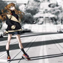 Rule 34 | 1girl, bare legs, blue eyes, breasts, brown hair, casual, copyright name, floating hair, full body, hair ornament, hands in pockets, highres, interface headset, long hair, looking at viewer, neon genesis evangelion, official art, promotional art, road, skirt, smile, solo, souryuu asuka langley, street, yoneyama mai