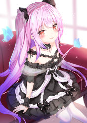 1girl, bangs, black choker, black dress, blush, bug, butterfly, choker, collarbone, couch, dress, eyebrows visible through hair, fang, feet out of frame, flat chest, frilled dress, frilled legwear, frilled straps, frills, gothic lolita, highres, hololive, insect, lace, lace choker, lolita fashion, long hair, off-shoulder dress, off shoulder, on couch, pink hair, raised eyebrows, red eyes, see-through sleeves, short dress, sitting, skull necklace, smile, solo, thighhighs, two side up, uruha rushia, virtual youtuber, white legwear, yuano