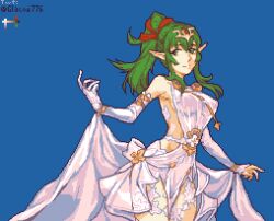 Rule 34 | 1girl, alternate costume, asymmetrical sleeves, bare shoulders, breasts, bride, closed mouth, commentary, commission, detached sleeves, dress, elbow gloves, english commentary, fire emblem, fire emblem awakening, glaceo, gloves, green hair, medium breasts, nintendo, pixel art, pointy hair, ponytail, sideboob, single detached sleeve, single elbow glove, smile, solo, tiara, tiki (adult) (fire emblem), tiki (fire emblem), wedding dress, white dress