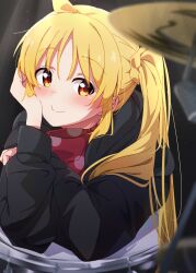 Rule 34 | 1girl, absurdres, ahoge, black jacket, blonde hair, blurry, blurry background, blurry foreground, blush, bocchi the rock!, bow, closed mouth, commentary request, depth of field, drum, drum set, head rest, highres, ijichi nijika, instrument, jacket, long hair, looking at viewer, polka dot, polka dot bow, red eyes, red ribbon, reikakrzk, ribbon, side ponytail, smile, solo, upper body, zipper