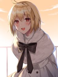 Rule 34 | 1girl, antenna hair, arcueid brunestud, arms behind back, black bow, blonde hair, blush, bow, bowtie, buttons, capelet, cloud, commentary request, dress, hair between eyes, long sleeves, looking at viewer, outdoors, red eyes, sakura (tariliko), short hair, sky, sly, smile, solo, teeth, tongue, tsukihime, tsukihime (remake), turtleneck, turtleneck dress, upper teeth only, white capelet, white dress, yellow sky