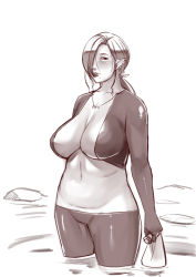 Rule 34 | 1girl, breasts, catsuit, elf, ganto, huge breasts, mole, mole under mouth, monochrome, plump, pointy ears, short hair, simple background, standing, tagme