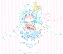 Rule 34 | 1girl, between breasts, blue eyes, blush, bow, breast lift, breasts, cake, cleavage, cream, daiyousei, fairy wings, food, food on body, green hair, hair bow, hair ornament, hairclip, happy birthday, heart, heart of string, large breasts, looking at viewer, mitsumoto jouji, navel, nyotaimori, panties, plump, short hair, side ponytail, smile, solo, striped clothes, striped panties, tears, thighhighs, touhou, underwear, white thighhighs, wings