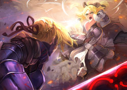 Rule 34 | 2girls, armor, armored dress, artoria pendragon (fate), bad id, bad pixiv id, battle, belt, black ribbon, blonde hair, braid, breastplate, caliburn (fate), capcom, detached sleeves, dress, dual persona, excalibur morgan (fate), fate/stay night, fate/unlimited codes, fate (series), faulds, fighting, french braid, gauntlets, glowing, glowing weapon, greaves, green eyes, hair ribbon, highres, looking at another, multiple girls, neon trim, open mouth, ponytail, ribbon, ruins, saber (fate), saber alter, saber lily, short hair, sword, weapon, zhuxiao517
