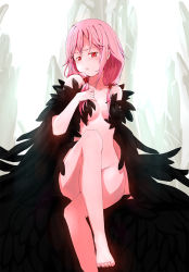 Rule 34 | 10s, 1girl, barefoot, blush, bookseve, breasts, cleavage, embarrassed, feathers, guilty crown, highres, crossed legs, long hair, long legs, nude, pink hair, pout, red eyes, sitting, small breasts, solo, twintails, yuzuriha inori