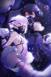 Rule 34 | 10s, 2girls, abyssal ship, abyssal twin princess (black), air bubble, artist name, black gloves, black hair, breasts, bubble, chromatic aberration, diving mask, dress, elbow gloves, gloves, glowing, glowing eyes, goggles, holding hands, highres, kantai collection, legband, lens flare, multiple girls, night strait princess (white), red eyes, shenq, short dress, short hair, small breasts, white dress, white gloves, white hair