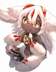 Rule 34 | 1girl, chewing, claws, dark-skinned female, dark skin, extra arms, faputa, fewer digits, food, hair between eyes, highres, holding, holding food, looking at viewer, made in abyss, monster girl, naki1551, plate, simple background, solo, teeth, white background, white fur, white hair, yellow eyes