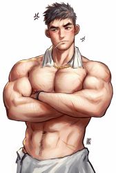 Rule 34 | 1boy, abs, bara, crossed arms, greenteaa, highres, jewelry, large pectorals, male focus, mature male, muscular, muscular male, naked towel, navel, necklace, nipples, original, pectorals, short hair, solo, spiked hair, thick eyebrows, topless male, towel