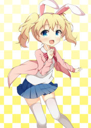 Rule 34 | 10s, 1girl, :d, alice cartelet, animal ears, bad id, bad pixiv id, blonde hair, blue eyes, blush, bow, checkered background, fake animal ears, hair ornament, hairband, kankitsunabe (citrus), kin-iro mosaic, long hair, looking to the side, open mouth, pleated skirt, rabbit ears, ribbon, school uniform, skirt, smile, solo, thighhighs, grid background, twintails, white theme, white thighhighs