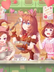 Rule 34 | 3girls, :t, absurdres, ahoge, animal ears, apron, ascot, bag, bandana, blue eyes, blurry, blurry background, bob cut, book, bowl, brooch, brown dress, brown hair, closed mouth, clothing cutout, collared dress, commentary, dress, ear covers, egg (food), english text, food, frown, gloves, grey gloves, grey sweater, hair ornament, hairclip, heart, highres, holding, holding bowl, holding whisk, horse ears, horse girl, horse tail, indoors, jewelry, kitchen, kongariinu, long hair, looking at another, measuring cup, mihono bourbon (code:glassage) (umamusume), mihono bourbon (umamusume), mixing bowl, multiple girls, nishino flower (feelings loaded into a small prize) (umamusume), nishino flower (umamusume), official alternate costume, open mouth, paper bag, pink apron, pink bandana, pink dress, red ascot, sakura bakushin o (explosive! quick! a flower storm!) (umamusume), sakura bakushin o (umamusume), short hair, short sleeves, shoulder cutout, sleeves rolled up, smile, standing, stirring, sweater, tail, umamusume, valentine, whisk, x hair ornament