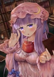 Rule 34 | 1girl, apple, blue bow, blue ribbon, blunt bangs, blush, book, bookshelf, bow, breasts, commentary request, crescent, crescent hat ornament, food, food on body, food on breasts, fruit, hair bow, hat, hat ornament, hat ribbon, holding, holding book, index finger raised, lantern, long hair, looking at viewer, medium breasts, mob cap, neko bocchi, open mouth, partial commentary, patchouli knowledge, purple eyes, purple hair, raised eyebrow, ribbon, solo, touhou, upper body, wide sleeves, wrinkled fabric
