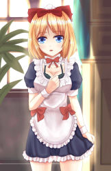 Rule 34 | 1girl, alice margatroid, alternate costume, apron, bad id, bad pixiv id, black bra, blonde hair, blue dress, blue eyes, bow, bra, breasts, check commentary, cleavage, collarbone, commentary, commentary request, dress, enmaided, hair bow, highres, looking at viewer, maid, maid apron, plant, puffy short sleeves, puffy sleeves, short sleeves, solo, touhou, underwear, wendell, window, wrist cuffs