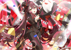 Rule 34 | 1girl, :d, absurdres, ahoge, alternate costume, boo tao (genshin impact), brown hair, business suit, card, commentary request, confetti, formal, genshin impact, ghost, hair between eyes, hairband, hat, highres, holding, holding clothes, holding hat, holding wand, hu tao (genshin impact), long hair, long sleeves, looking at viewer, magician, mini hat, mini top hat, necktie, open mouth, orange eyes, playing card, sidelocks, smile, suit, symbol-shaped pupils, tobikaze89, top hat, twintails, wand