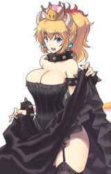 Rule 34 | 1girl, bare shoulders, black dress, blonde hair, blue eyes, bowsette, bracelet, breasts, cleavage, collar, crown, dress, earrings, horns, jewelry, large breasts, legs, long hair, mario (series), nail polish, nakadori (movgnsk), new super mario bros. u deluxe, nintendo, open mouth, pointy ears, ponytail, spiked bracelet, spiked collar, spikes, super crown, super mario bros. 1, tail