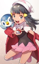 Rule 34 | 1girl, :d, beanie, black hair, boots, chitozen (pri zen), coat, commentary, creatures (company), dawn (pokemon), eyelashes, game freak, gen 4 pokemon, grey eyes, hair ornament, hairclip, hat, highres, holding, holding poke ball, leg up, long hair, looking at viewer, nintendo, off shoulder, open mouth, over-kneehighs, pink footwear, pink skirt, piplup, poke ball, poke ball (basic), pokemon, pokemon (creature), pokemon dppt, pokemon platinum, red coat, scarf, shirt, skirt, sleeveless, sleeveless shirt, smile, teeth, thighhighs, tongue, upper teeth only, white headwear, white scarf, white thighhighs