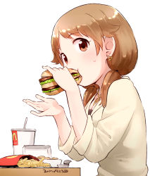 Rule 34 | 1girl, blush, breasts, brown eyes, brown hair, burger, chicken nuggets, cleavage, cup, disposable cup, drinking straw, earrings, eating, eyelashes, food, french fries, from side, heart, heart earrings, heart necklace, idolmaster, idolmaster cinderella girls, jewelry, katagiri sanae, looking at viewer, low twintails, mcdonald&#039;s, medium breasts, medium hair, nagian, necklace, sauce, simple background, solo, sweatdrop, sweater, table, twintails, upper body, white background, yellow sweater