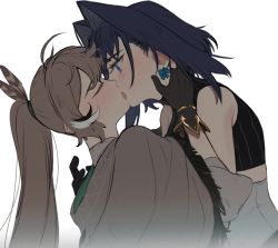 Rule 34 | 2girls, ahoge, blue eyes, blue hair, bow, bow earrings, brown hair, earrings, eus ing, feather hair ornament, feathers, french kiss, gloves, hair intakes, hair ornament, hand on another&#039;s face, hololive, hololive english, jewelry, kiss, long hair, multicolored hair, multiple girls, nanashi mumei, ouro kronii, ponytail, short hair, streaked hair, very long hair, virtual youtuber, yuri