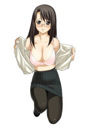 Rule 34 | 1girl, a1 (initial-g), black eyes, black hair, black pantyhose, blush, bra, breasts, glasses, large breasts, lingerie, long hair, open clothes, open shirt, original, panties, panties under pantyhose, pantyhose, shirt, solo, underwear