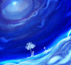 Rule 34 | 1girl, abstract, blue theme, day, fisheye, kazaana, original, sky, solo, standing, star (symbol), surreal, tree